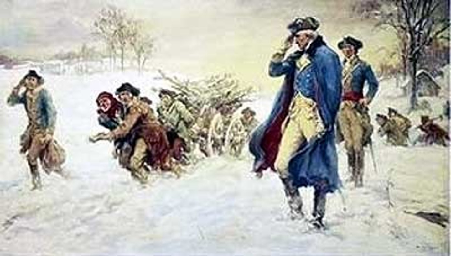 <p>Washington and troops were low on supplies, food, and clothing. Because it was a harsh winter, 1/5 of soldiers died. Name given to the 1777-1778 encampment at Valley Forge by the American military under General Washington. It was America's first real effort to field a professional military against the British.</p>