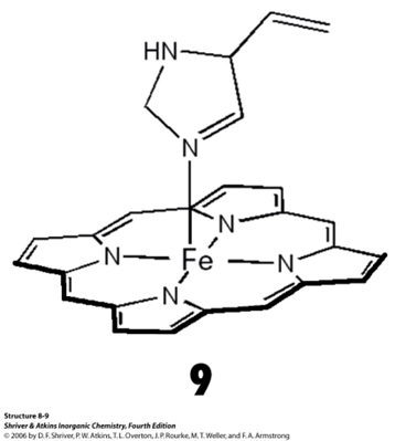 <ul><li><p>There are only a few examples as there is high tendency of ML<sub>5</sub> complexes to dissociate: 2ML<sub>5</sub> = ML<sub>4</sub><sup>x+</sup> + ML<sub>6</sub><sup>x- </sup></p></li><li><p>Will either forma a square pyramidal (C4v) or a trigonal bipyramidal (D3h) complex  </p></li><li><p>The active centre of myoglobin for the oxygen transport to protein is a real world example of CN 5 complex </p></li><li><p>Some polydentate ligands may induce a trigonal bipyramidal shape due to their own sterics - these are called tripodal ligands </p></li></ul><p></p>