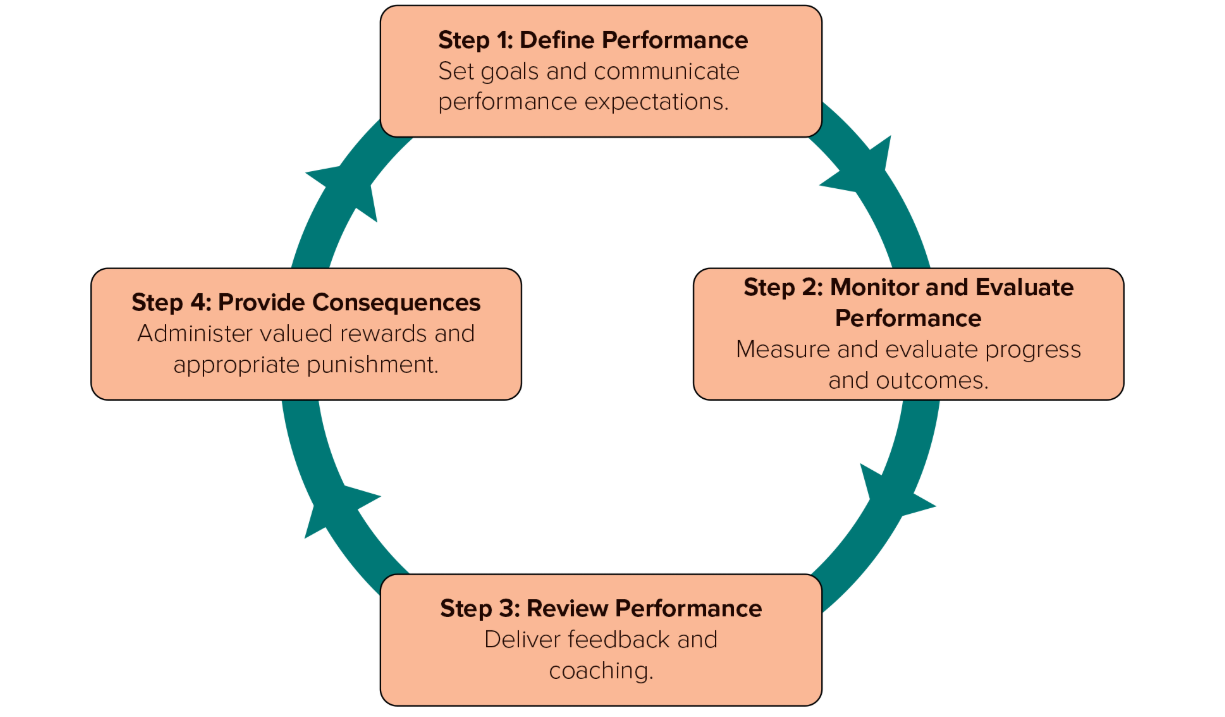<ol><li><p>Define performance</p></li><li><p>Monitor and evaluate performance</p></li><li><p>Review performance</p></li><li><p>Provide consequences</p></li></ol><p></p>