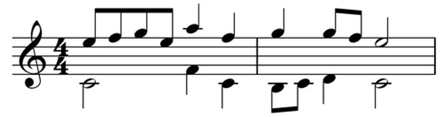 <p>a second melody played at the same time as the main tune</p>