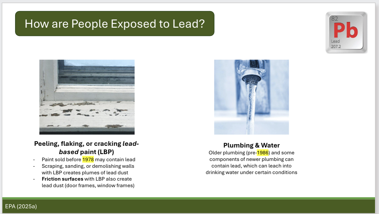 <p>Identify the year that lead paint was banned from household paint and the year that lead pipes were banned from household plumbing (they are diff years)</p>