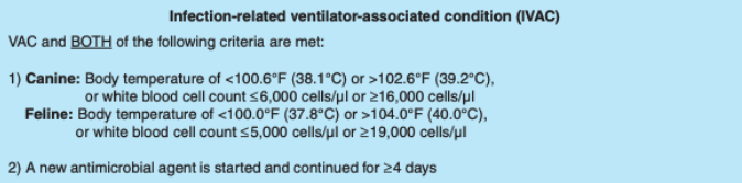 <ul><li><p><span>IVACs are diagnosed based on elevated or reduced body temperature, leukocytosis, or leukopenia, and a new antimicrobial agent that is started and continued for 4 or more days</span></p></li></ul><p></p>