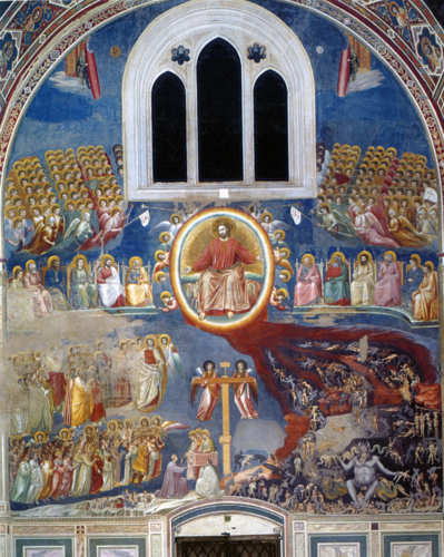 <p>heaven and hell depictions, sky opening to show jerusalem, weird Mandorla around christ its rainbow scaley.</p>