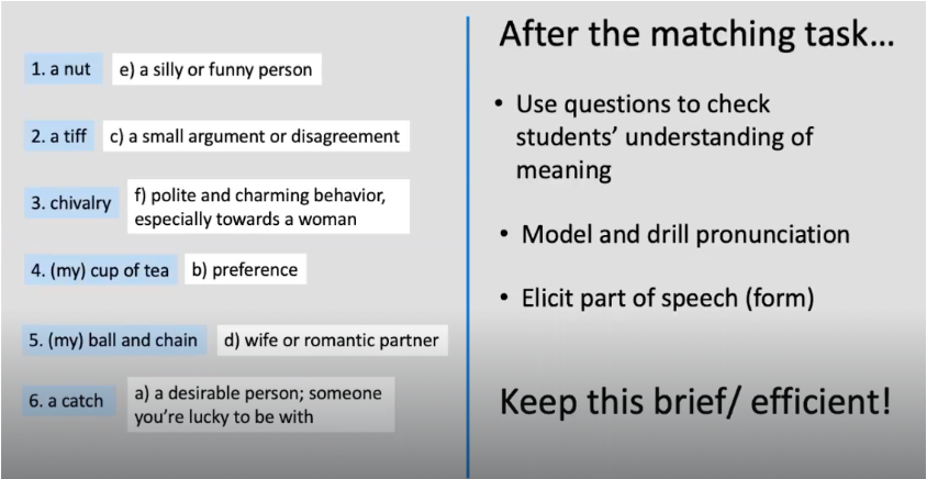 <p><strong><u>Pre-teach Vocab -TASK CYCLE - WCFB</u></strong></p><p><strong>*<u>PRONUNCIATION</u></strong></p><p>.</p><p>Model the pronuciation for Ss.</p><p>.</p><p>Have Ss repeat (drill) the correct pronunciation</p>