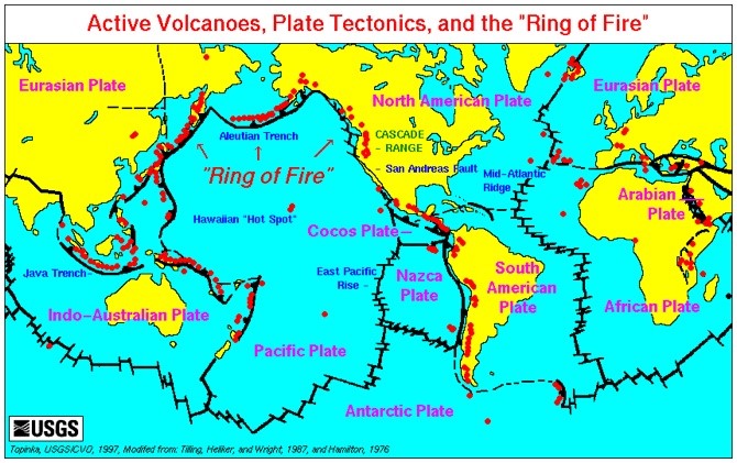 <p><span>As shown on the map below, what significant activity occurs at the “ring of fire”?</span></p>