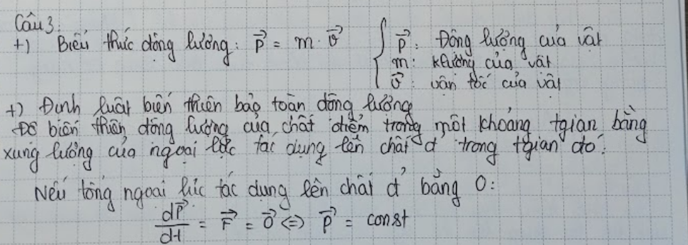 <p>Động lượng (p) của một vật được tính bằng tích của khối lượng (m) và vận tốc (v) của nó, tức là p = m*v. Định luật bảo toàn động lượng phát biểu rằng trong một hệ cô lập, tổng động lượng không thay đổi nếu không có ngoại lực tác động. </p>