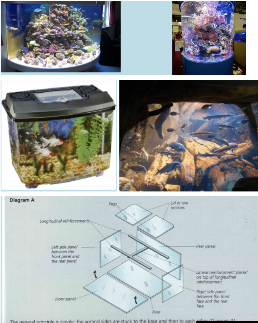 <p>Most of the commercial tanks are made of glass assembled and glued together with Silicone joints; these materials are suitable for water volumes up to 500 liters. (you can do that yourself).</p><ul><li><p>For bigger volume tanks the polyester resin and cement are used with only the front side made of glass (public aquariums).</p></li><li><p>Plexiglas is also used but it is very light, and durable and can be used for wonderful shapes (round aquarium) but it is easily scratchable and can not be used for very large volumes (bigger than glass and smaller than public aquarium).</p></li><li><p>Plastic tanks, durable usually are made of inert plastic that does not react with water or any chemical but used only for small volumes tanks and enhances algae growth.</p></li></ul>