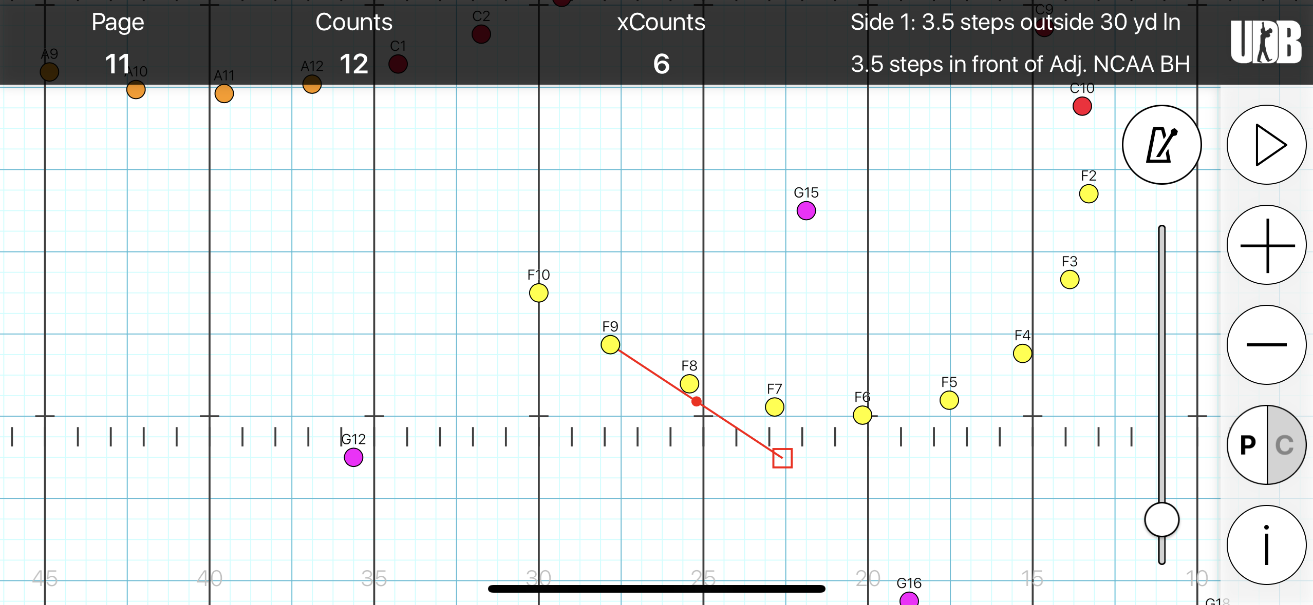 <p>STS: Side 1, 3.5 steps outside 30 yd ln</p><p>FTB: 3.5 steps in front of BH</p><p>SS: 9.5 to 5 for 12 counts</p><p>XC: 6</p>