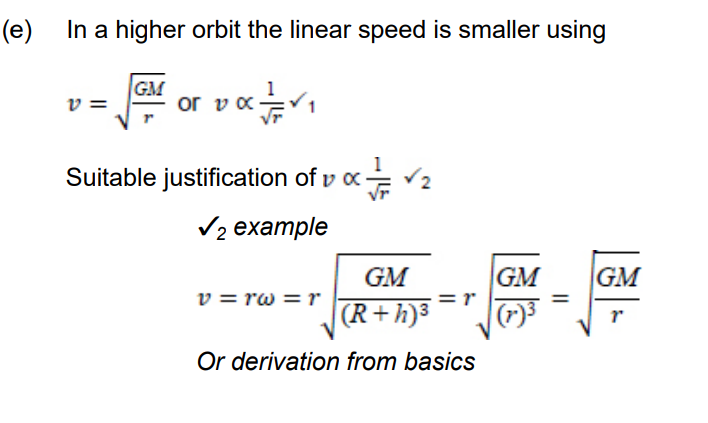 <p>Since now it is in orbit, and not on Earth, cannot simply use w = v/r since now the gravitational pull G is in use, not g, as well as circular motion. We can refer to equation mv²/r = GMm/r, rearranged for v = (GM/r)^1/2. Here now we can see that v is proportional to 1/ r^1/2, so the higher the object is, the slower its linear velocity.</p>