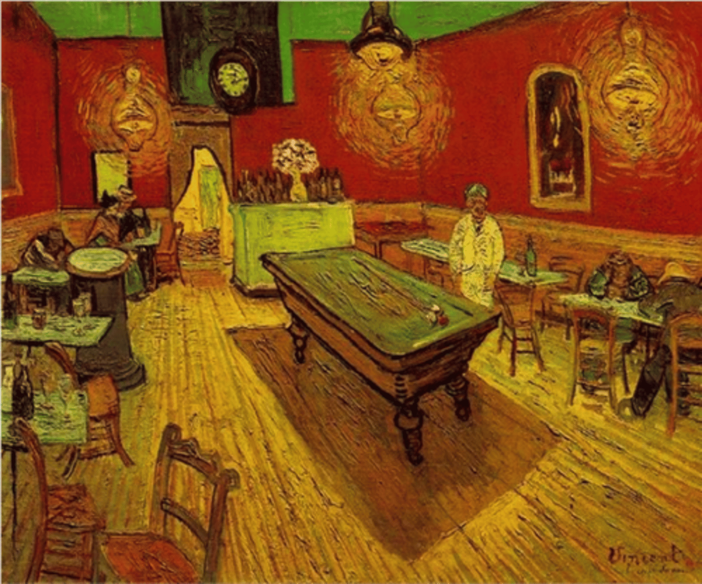 <p>Van Gogh wanted this painting to convey an oppressive atmosphere. He communicated the madness of the place by using vivid hues whose juxtaposition augmented their intensity.</p>