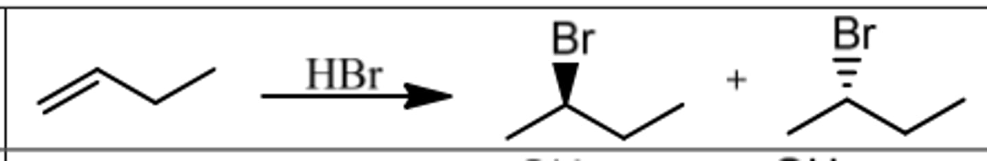 <p>Reagents: HBr (or HCl, HI)</p><p>What's Added: H⁺ & Br⁻</p><p>Markovnikov</p><p> -</p><p>Intermediate: Carbocation</p><p>Rearrangements: Possible</p>