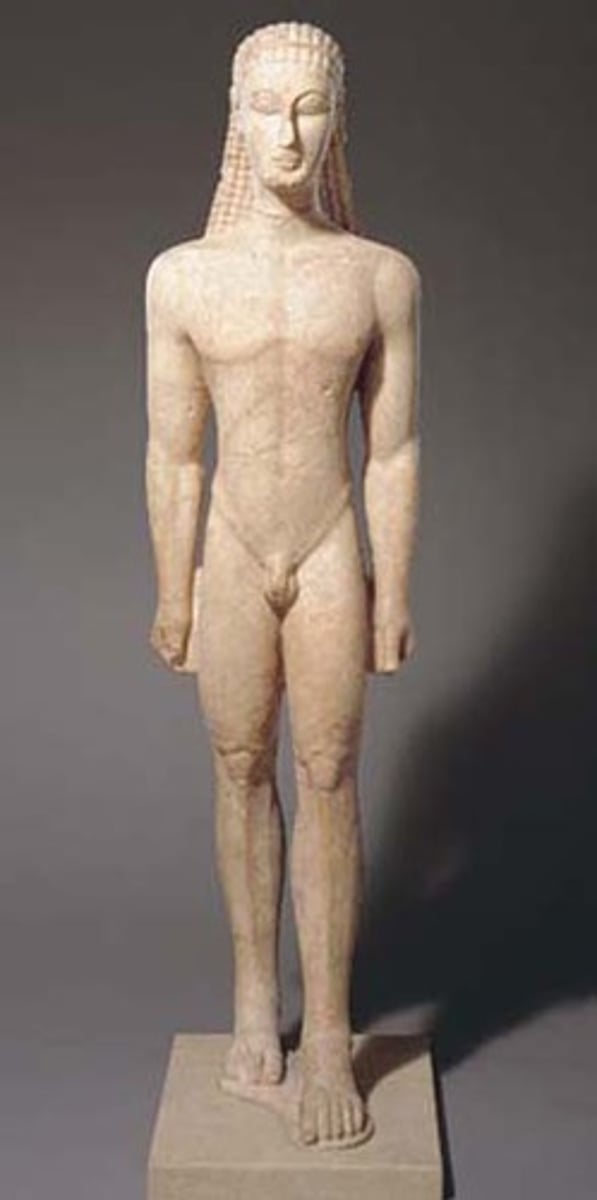 <p>Nude male youth &amp; clothed maiden, respectively; earliest (625-480 B.C.) free-standing statues of human figures; frontal stance, left foot forward clenched fists and grimace known as "Archaic smile"</p>