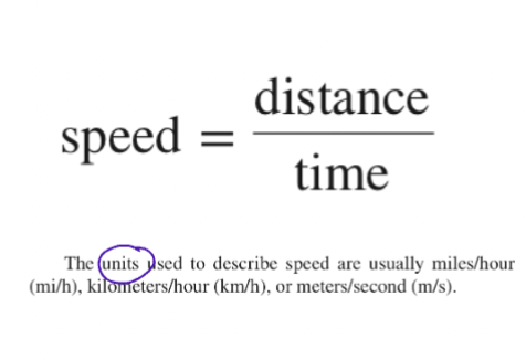 <ul><li><p>Change in position with respect to time</p></li><li><p><span style="color: yellow;">tells you how FAST something is moving</span></p></li></ul><p></p><p><strong>Average speed </strong></p><ul><li><p>Most common measurement</p></li></ul><p></p><p><strong>Instantaneous speed</strong></p><ul><li><p>Time interval approaches zero</p></li><li><p><span style="color: yellow;">speed at any specific instant</span></p></li></ul><p></p><p><strong>Constant speed</strong></p><ul><li><p>Moving over equal distances in equal periods of time</p></li></ul><p></p>