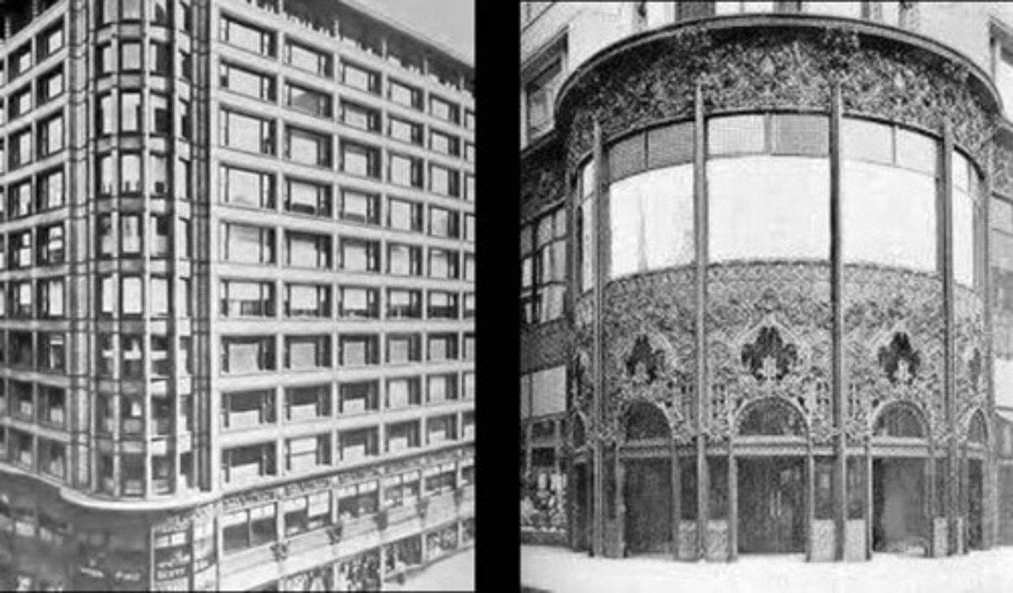 <p>1899-1904. Louis Sullivan. Iron steel glass and terracotta. Chicago. Art nouveau.<br>Buildings became vertical because of land $$$ in cities. At ground level, sullivan wanted to accentuate horizontally. Inviting entrance, draw customers into the store.<br>Verticallity = $$$$, also natural disasters toppled buildings<br>A fire burned down MANY buildings in chicago, so architects developed a technique to encase iron in ceramic to fortify. Protect from fire.<br>Chicago window developed to facilitate ventilation and display wares. One pane of glass and two smaller windows on each side.<br>Exterior and interior building covered terracotta tiles and ornate cast iron- emulate art nouveau<br>TRIPARTIE!!! (3 part) CONSTRCUTION! (similar to GOTHIC cathedrals)<br>Ground floor - decorative open windows<br>Multiple office stories (identical)<br>Distinct attic and cornice line - silhouette of the building!!!!!!</p>
