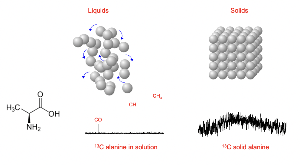 <p>solution state = anisotropies are averaged</p><p>solid state = anisotropies are NOT averaged = more complex </p>