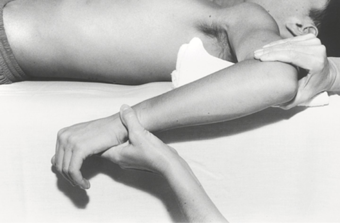 <p>Supine, arm ABD 90 and elbow flexed to 90, palm facing toward feed, may need towel under distal brachium to level</p>