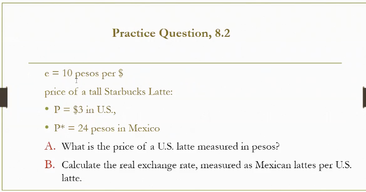 <p>e = 10 peso/$</p><p>P = $3</p><p>P* = 24 peso</p>