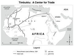 Port city of Mali; located just off the flood plain on the great bend in the Niger River; population of 50,000; contained a library and university.