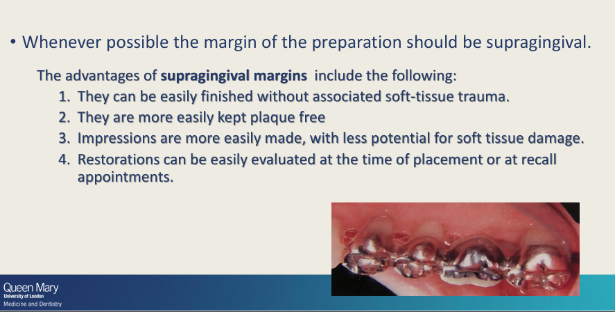 <ol><li><p>Can be easily finished without associated <strong>soft-tissue trauma</strong></p></li><li><p>more easily kept <strong>plaque free</strong></p></li><li><p><strong>impressions </strong>are more easy to take</p></li><li><p>restorations can be easily evaluated at the time of placement or at recall appointments</p></li></ol><p>(better visibility when supragingival margin)</p>