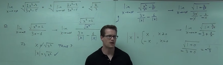 <p>Divide every term by x — divide by the square root of x for radicals; and divide by the absolute value of x for rational functions involving radicals. Analyze piecewise for absolute value functions.</p>