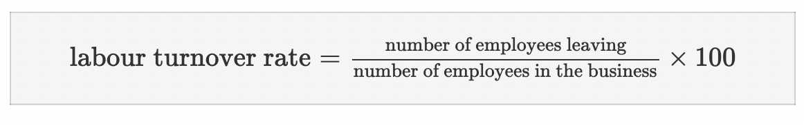 <p>The percentage of workers leaving the business in a period of time.</p><ul><li><p>Causes: dissatisfaction with compensation, poor physical environment, toxic work culture, family circumstances, physical health, retirement</p></li></ul>