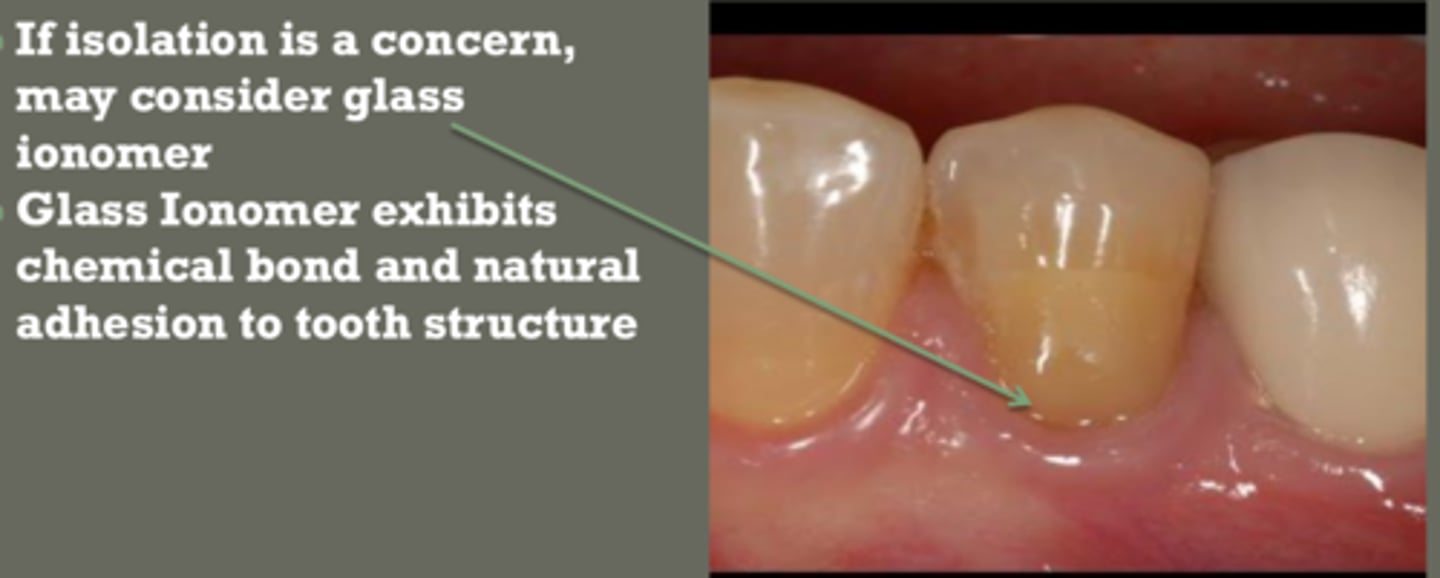 <p>glass ionomer</p><p>(GI exhibits chemical bond &amp; natural adhesion to tooth structure)</p>