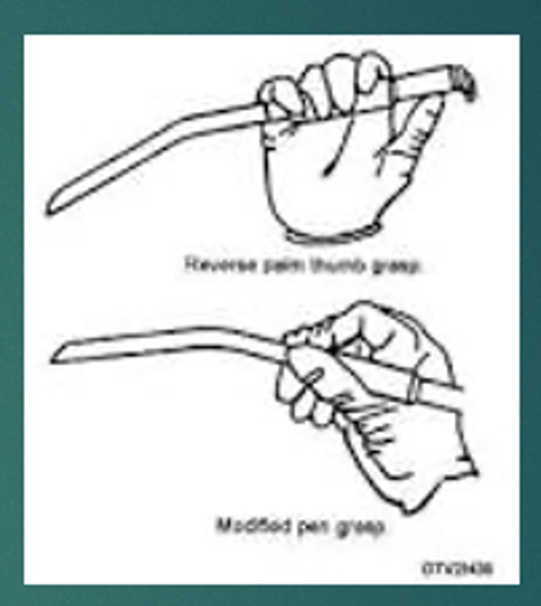 <p>1. thumb to nose grasp/ palm thumb</p><p>2. pen grasp</p>