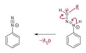 <p>diazonium ion - nitrogen leaving group</p>