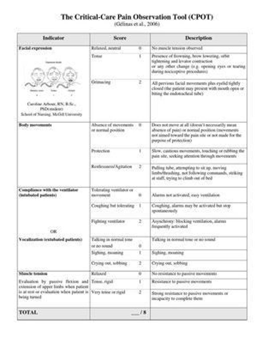 <p>A tool that assesses pain in nonverbal patients, scoring from 0-8, with >3 indicating pain that needs to be addressed.</p>