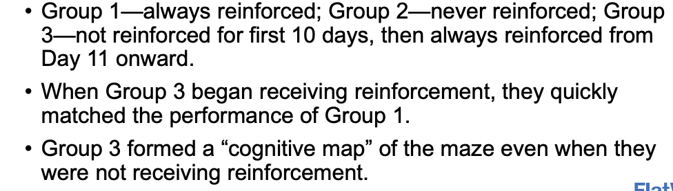 <ul><li><p>learning that <u>isn’t reinforced</u> & <u>not demonstrated</u> until there is motivation to do so</p><ul><li><p>Tolman’s rat running thru maze experiment</p></li></ul></li></ul><p></p>