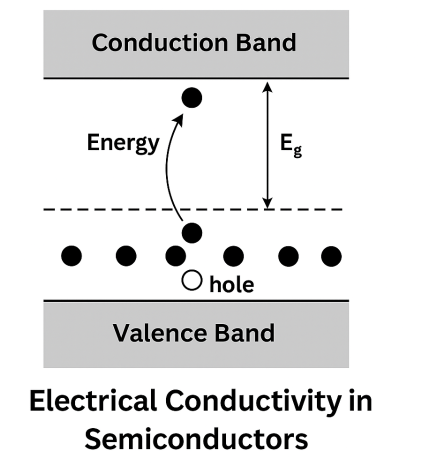 <p>In a <strong>semiconductor</strong>, electrical conductivity arises from the movement of <strong>charge carriers</strong> — electrons and holes — between the <strong>valence band</strong> and <strong>conduction band</strong>. Here's how it works:</p><p><strong>1. At Absolute Zero (0 K)</strong></p><ul><li><p class="">The <strong>valence band is full</strong>, and the <strong>conduction band is empty</strong>.</p></li><li><p class=""><strong>No free charge carriers</strong>, so the material behaves like an <strong>insulator</strong>.</p><p class=""></p></li></ul><p class=""><strong>2. At Room Temperature or When Heated</strong></p><ul><li><p class=""><strong>Thermal energy</strong> excites some electrons in the valence band.</p></li><li><p class="">If the electron gains enough energy to <strong>overcome the band gap (EgEg​)</strong>, it jumps to the <strong>conduction band</strong>.</p></li><li><p class="">This creates:</p><ul><li><p class="">A <strong>free electron</strong> in the conduction band (which can move and conduct electricity).</p></li><li><p class="">A <strong>hole</strong> in the valence band (a positive charge carrier that also contributes to conduction as neighbouring electrons fill it).</p></li></ul></li></ul><p><span>electron&nbsp;(valence&nbsp;band)→(energy≥Eg) →conduction&nbsp;band</span></p><p></p><p><strong>3. External Energy Sources</strong></p><ul><li><p class="">Apart from heat, other sources can promote electrons:</p><ul><li><p class=""><strong>Light (photons)</strong> in <strong>photoconductors</strong> or <strong>photodiodes</strong>.</p></li><li><p class=""><strong>Electric field</strong> in biased circuits.</p></li><li><p class=""><strong>Impurities (doping)</strong> reduce EgEg​ locally by adding donor or acceptor levels.</p></li></ul></li></ul><p>Summary:</p><p class="">Electrons <strong>jump from the valence band to the conduction band</strong> when they absorb enough energy to <strong>bridge the band gap</strong>, leaving behind holes. These <strong>electrons and holes move under an electric field</strong>, enabling <strong>semiconductivity</strong>.</p>