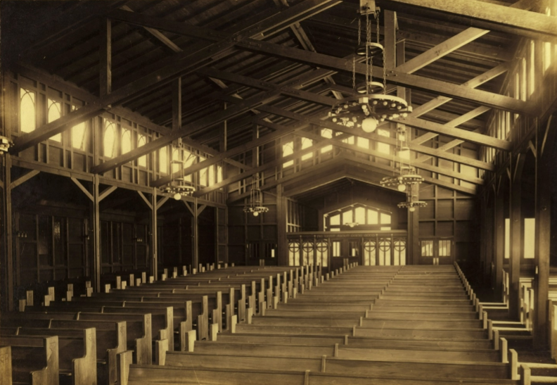 <ul><li><p>Mission Revival style&nbsp;</p></li><li><p>showcase carpentry</p></li><li><p>wooden interior</p></li><li><p>criss-cross ceiling</p></li><li><p>rectangle with aisles</p><ul><li><p>symmetry</p></li><li><p>humble, simple</p></li></ul></li><li><p>big barn</p></li><li><p>window frames with gothic arch</p></li><li><p>glass stain yellow</p><ul><li><p>warmth</p></li></ul></li><li><p>keltic cross</p></li></ul><ul><li><p><span>Low profile shallow gables</span></p></li><li><p><span>Almost all wood (wooden walls, columns, roof structure)</span></p></li><li><p><span>Stained wood</span></p></li><li><p><span>Electric chandeliers&nbsp;</span></p></li><li><p><span>Yellow stained glass windows</span></p></li><li><p><span>Geometric layers of rafters</span></p></li></ul><p></p>
