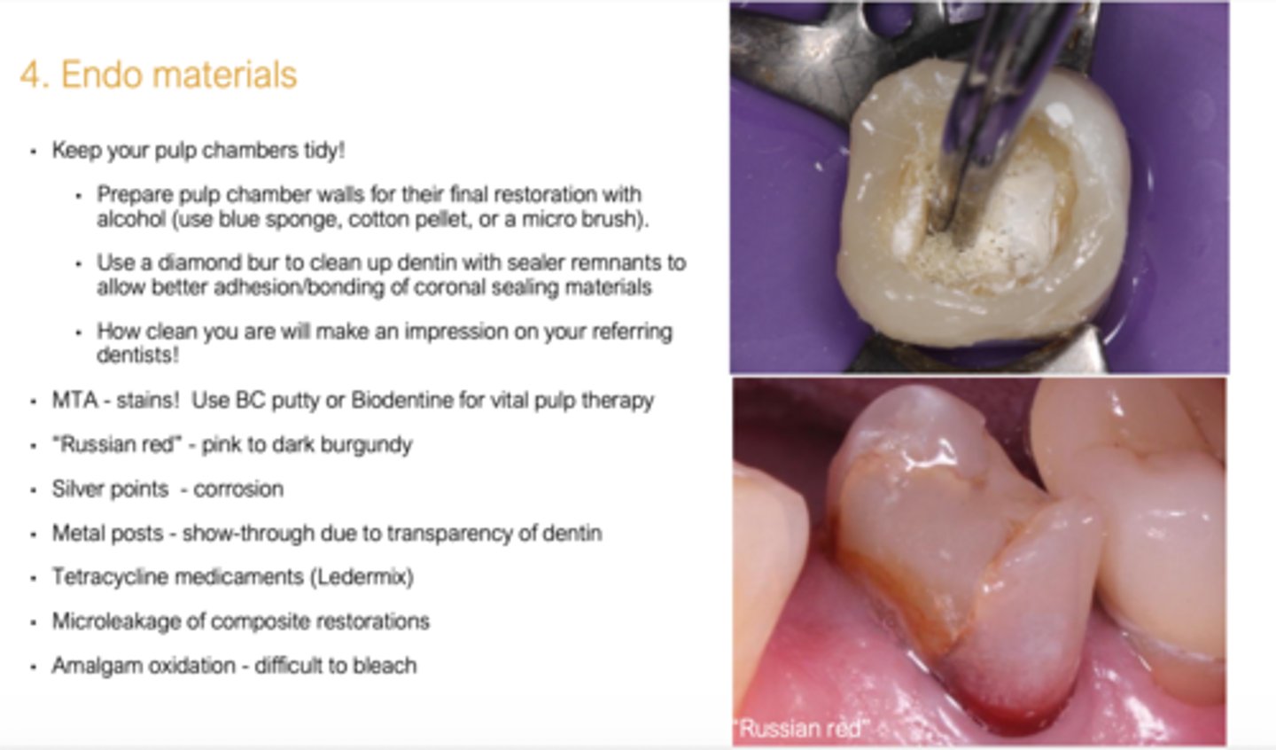 <p>- Prepare pulp chamber walls for their final restoration with alcohol (use blue sponge, cotton pellet, or a micro brush).</p><p>- Use a diamond bur to clean up dentin with sealer remnants to allow better adhesion/bonding of coronal sealing materials</p><p>(How clean you are will make an impression on your referring dentists!)</p>