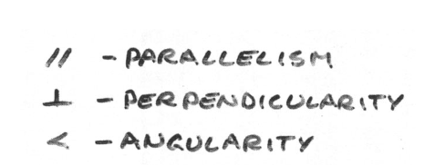<ul><li><p>Parallelism</p></li><li><p>Prependicularity</p></li><li><p>Angularity</p></li></ul><p></p>