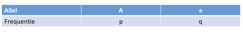 * frequentie allel delen door totaal
* voor een locus met 2 allelen: p + q = 1