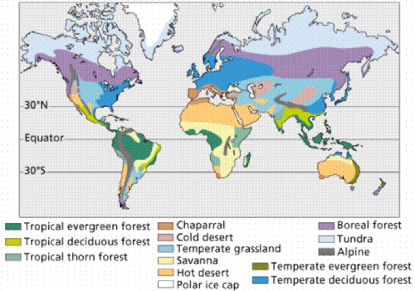 <p>A collection of similar ecosystems in the same climate (temperature & precipitation). Examples include the tundra, coniferous forest, grasslands, temperate deciduous forest, desert, savanna, and rainforest.</p>