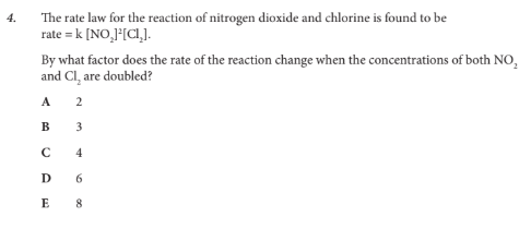 <p>By what factor does the rate of the reaction change when the concentrations of both NO2 and Cl2 are doubled?</p>