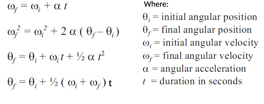 <p>Whenever a is constant the equations for constant linear acceleration can be modified to apply to angular kinematics.</p><ul><li><p>Use rads, deg or rev, but do not interchange within a solution</p></li></ul><p></p>