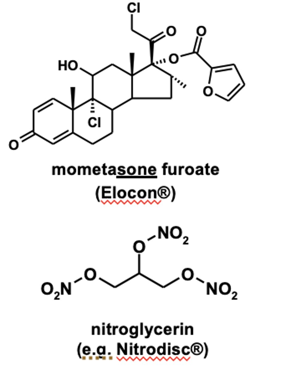 <p><strong>- Topical steroid formulations </strong>(<strong>mometasone furoate </strong>(Elocon®))</p><p><strong>- Topical antibiotics & antifungals </strong>(e.g. <strong>mupirocin</strong> (Bactroban®), <strong>micon<span style="text-decoration:underline">azole</span></strong> (Micatin®))</p><p><strong>- Transdermal patches </strong>(<strong>scopolamine</strong> (Transderm-Scop®), <strong>nitroglycerin</strong> (e.g. Nitrodisc®))</p>