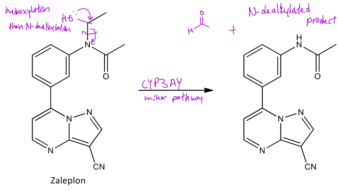 <p>Amides can also undergo N-dealkylation where the α carbon to the nitrogen of the amide will be hydroxylated and then fragmented off which will form an aldehyde and a new amide </p><p>Ex. Zaleplon will undergo N-dealkylation at the amine which which form formaldehyde and a new version of the amide</p>