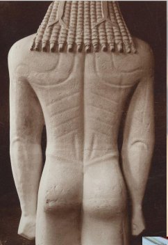 <p>-Sounion Kouros </p><p>-in NAM </p><p>-580 BC </p><p>-Naxian marble </p><p>-buried in a pit at the sanctuary of Posiedon at Sounion </p><p>-Massive disproportionate head </p><p>-Disproportionally large eyes </p><p>-Archaic style/ stylized features and frontal pose and very intricate hairstyle </p>