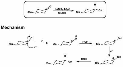 <p>Birch conditions (Li/NH3, ether solvent)</p><p>Most thermodynamically stable product is given</p><p>Trans-fused decalins are made, as hydrogenation typically gives cis-fused </p>