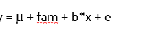<p>correct for family effect (pedigree is same within family)</p><p>tests whether effect is same within all families, fam uses a lot of degrees of freedom, relatively low power of the test</p><p></p>
