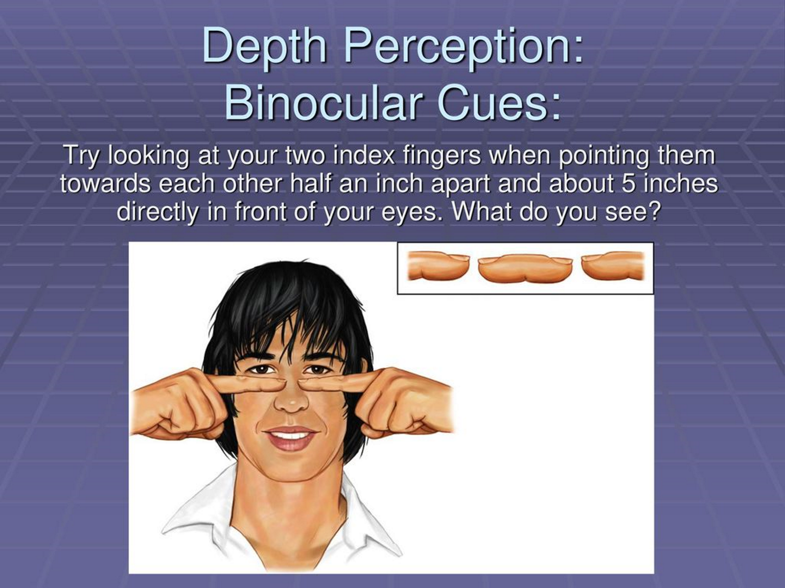 <p>a depth cue, such as retinal disparity, that depends on the use of two eyes</p>