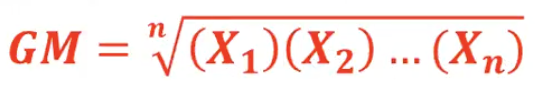 <p>n is the total number of terms (X) that are being multiplied</p><p>GM ≤ Arithmetic Mean</p><p>All data values must be positive</p>