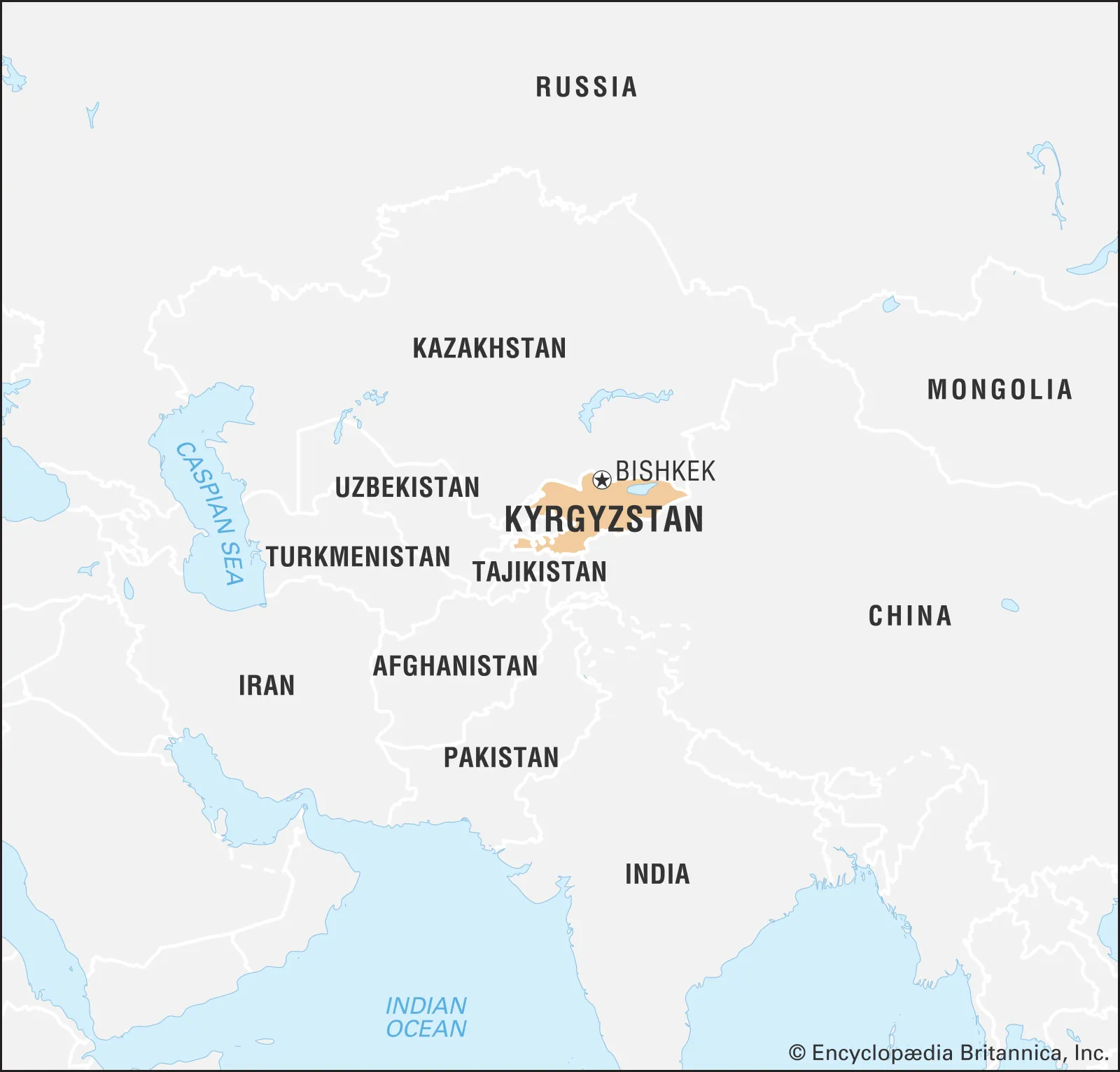 <p>Between Kazakhstan, China, and the rest of Southern Asia</p>