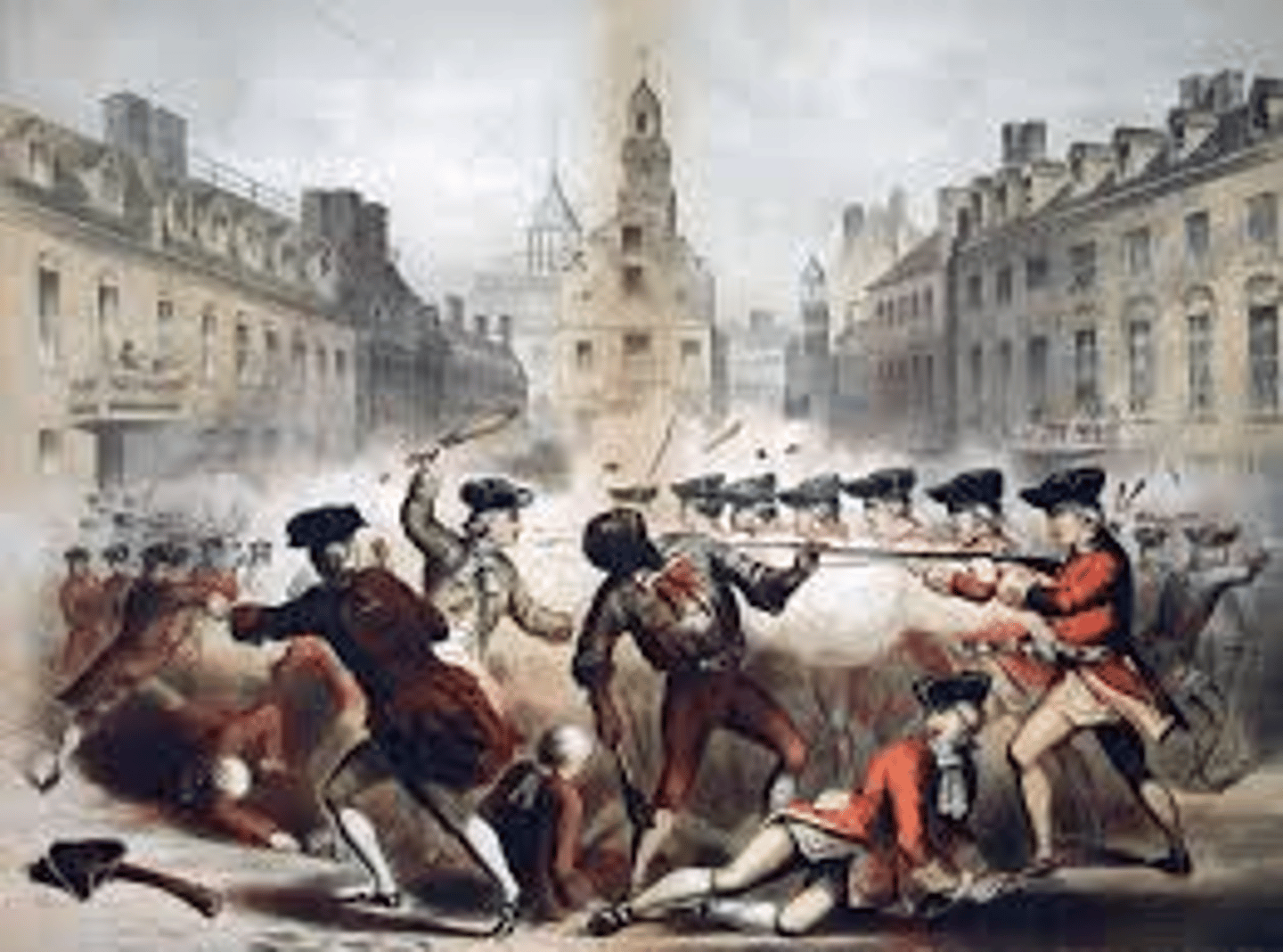<p>The first bloodshed of the American Revolution (1770), as British guards at the Boston Customs House opened fire on a crowd killing five Americans</p>