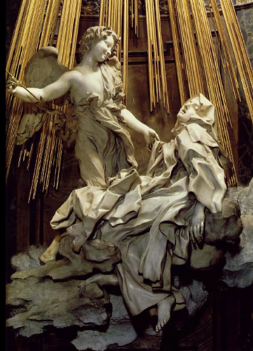 <p>- baroque art </p><p>- religious piece </p><p>- Carnaro chapel ( church of Santa Maria della Vittoria) </p><p>- sculptor and architect </p><p>- subject matter- a woman who had recently been made a saint</p><p>- fresco ceiling </p>