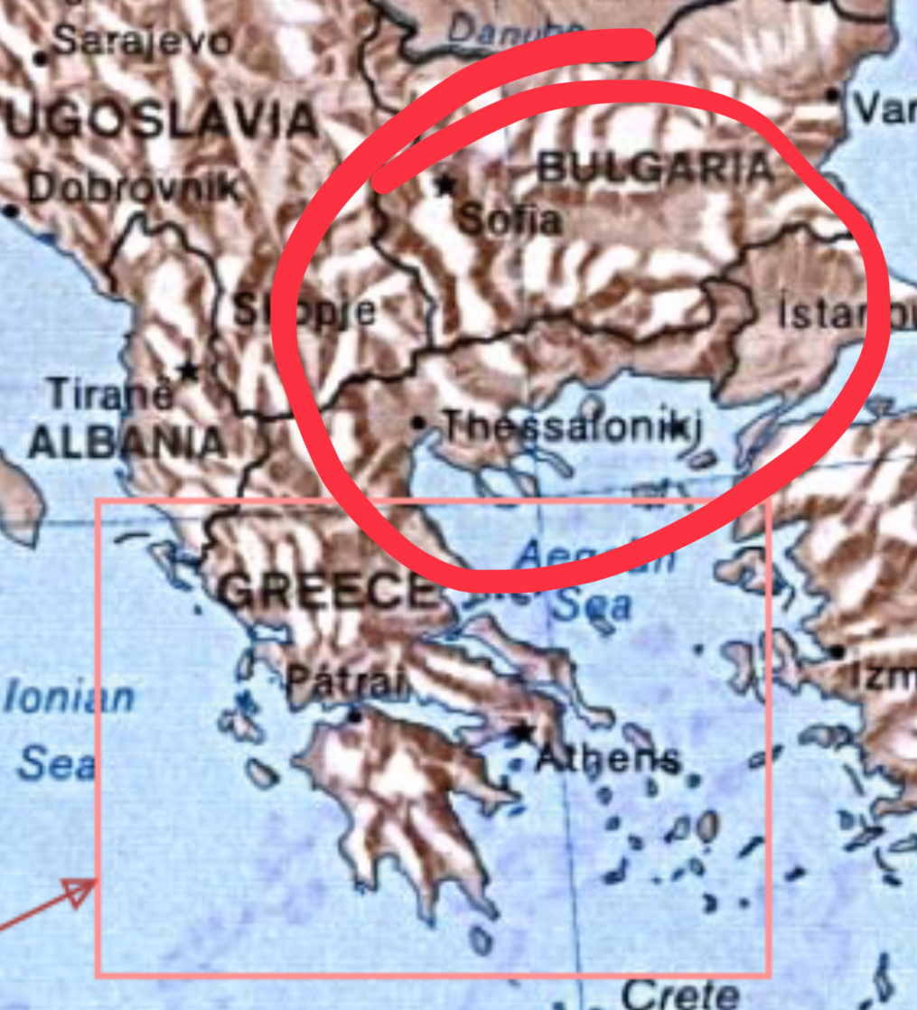 <p>Non-Greek region (modern-day Bulgaria) northeast of Greece </p>