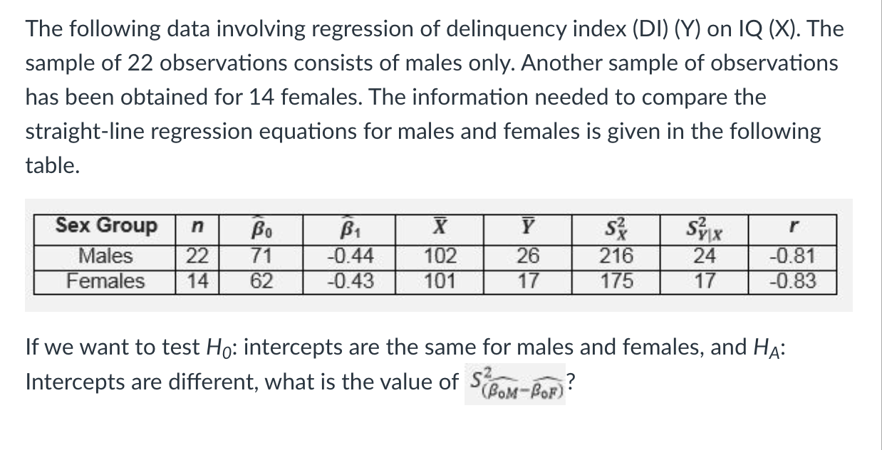 <p>If we want to test H0: intercepts are the same for males and females and HA : intercepts are different what is the value</p>